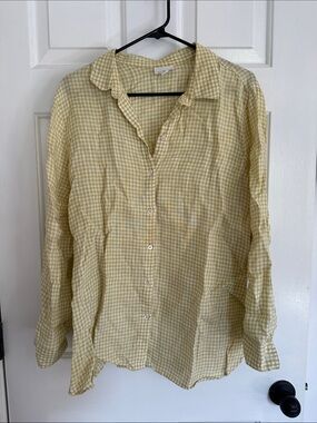 J. Jill Pale Yellow Linen Gingham Button-Down Shirt